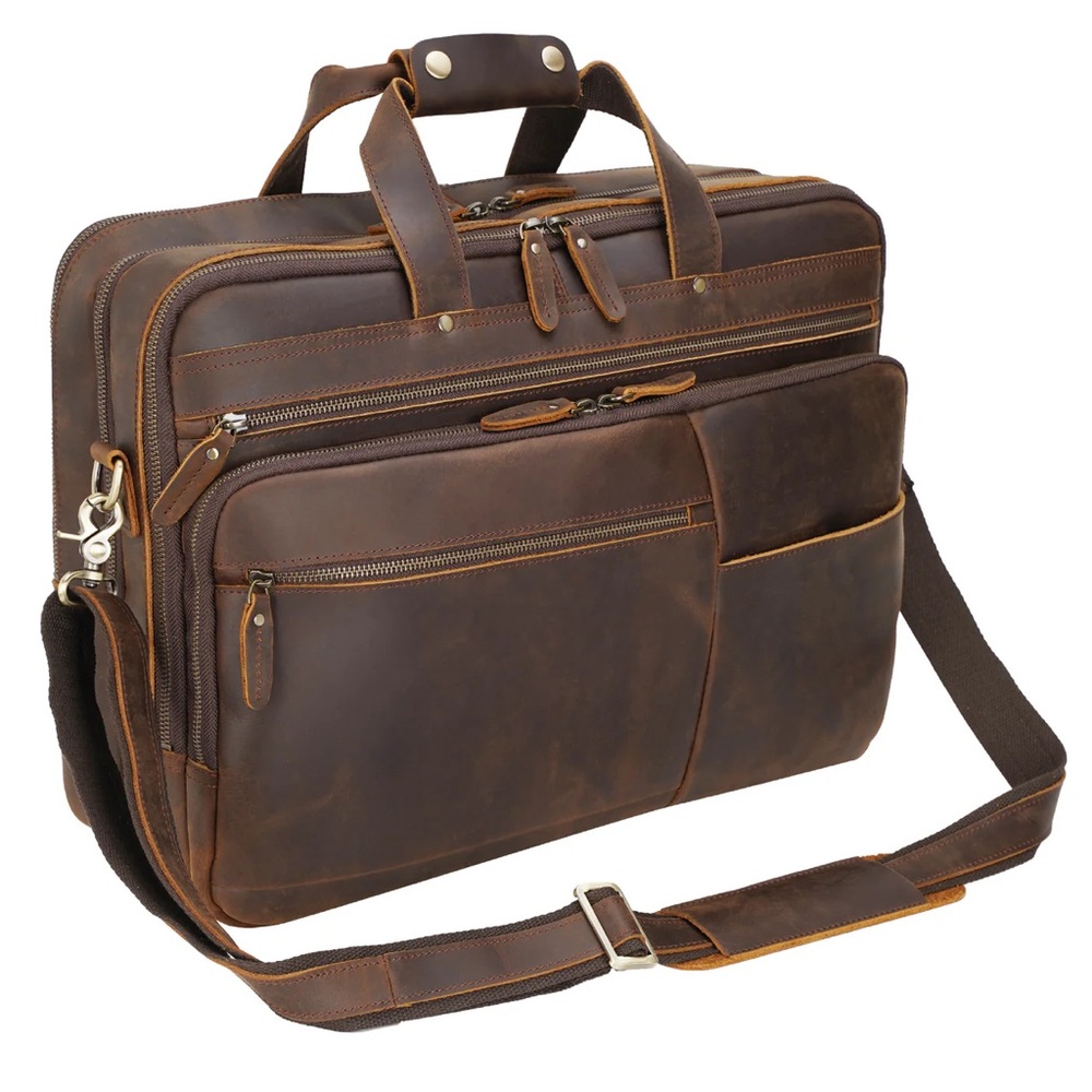 Polare 17'' Full Grain Leather Briefcase Messenger Bag Laptop Satchel For Men